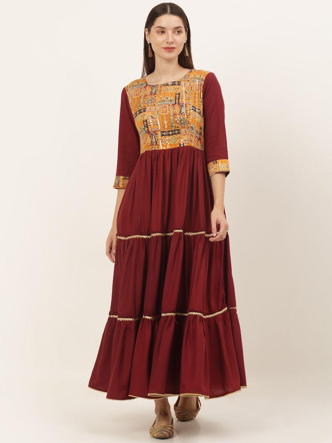 kalini ethnic motifs printed gathered detailed fit & flare midi ethnic dress