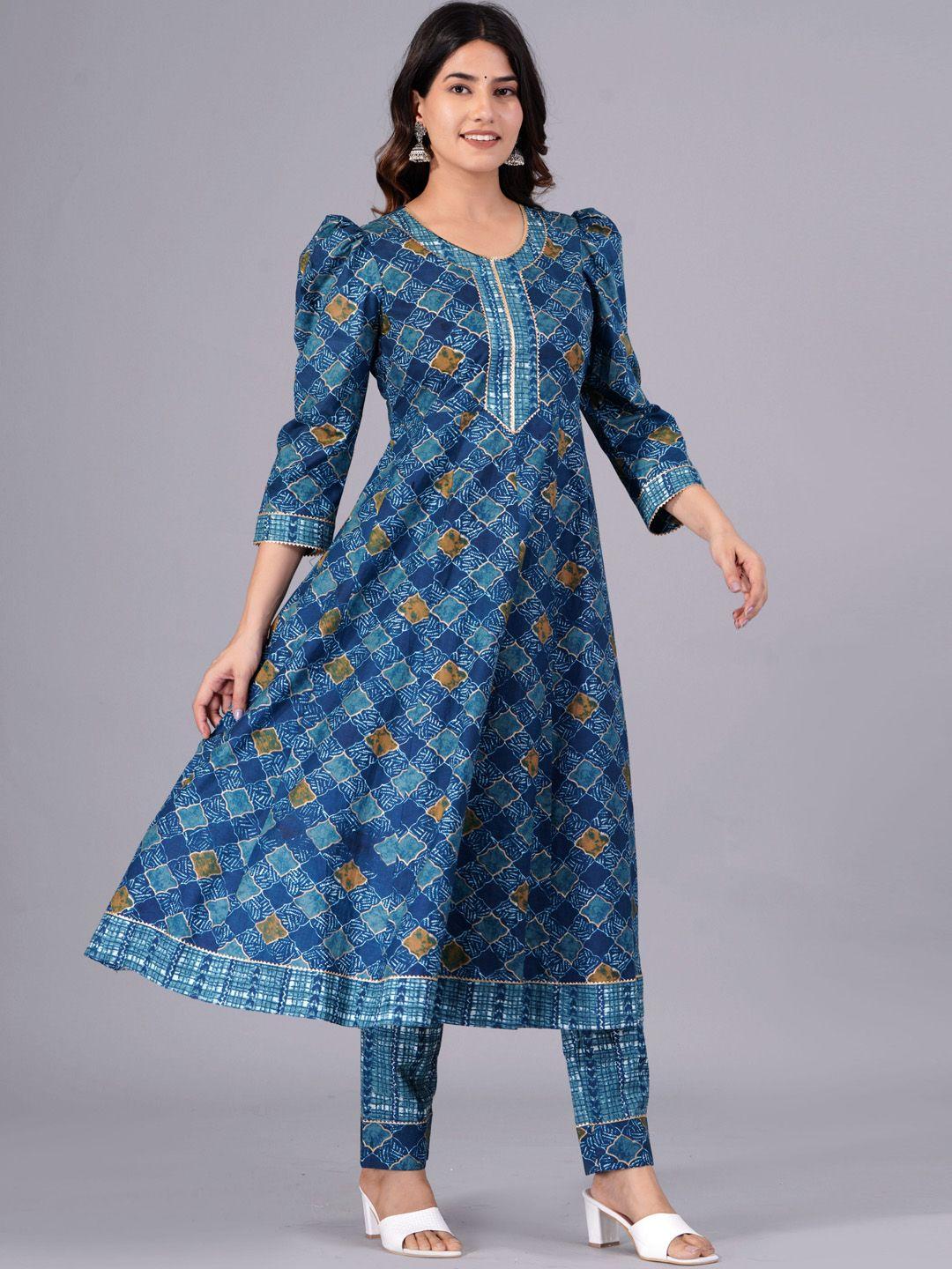 kalini ethnic motifs printed gotta patti cotton anarkali kurta with trousers & dupatta