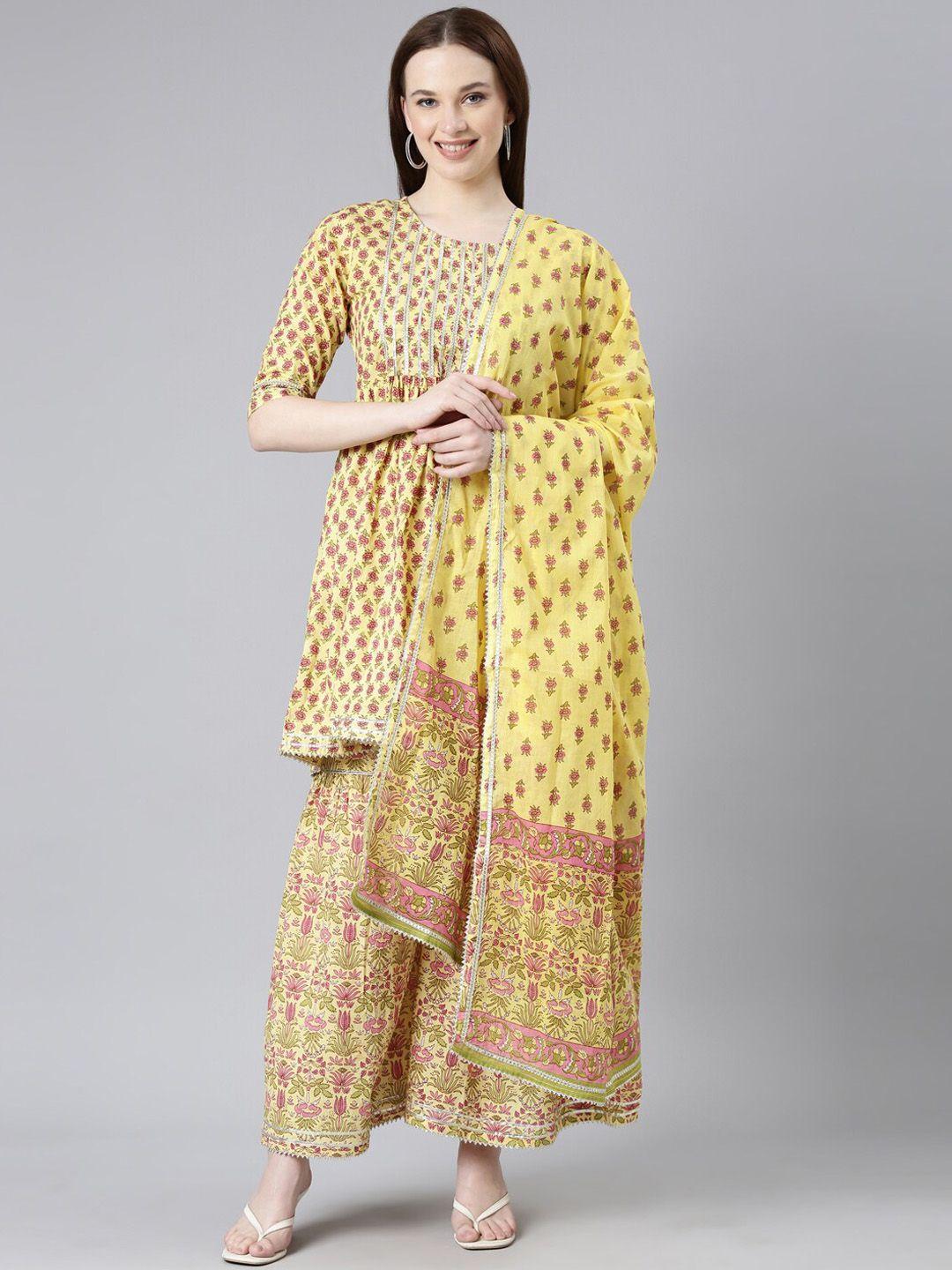 kalini ethnic motifs printed gotta patti pure cotton a-line kurta with sharara & dupatta