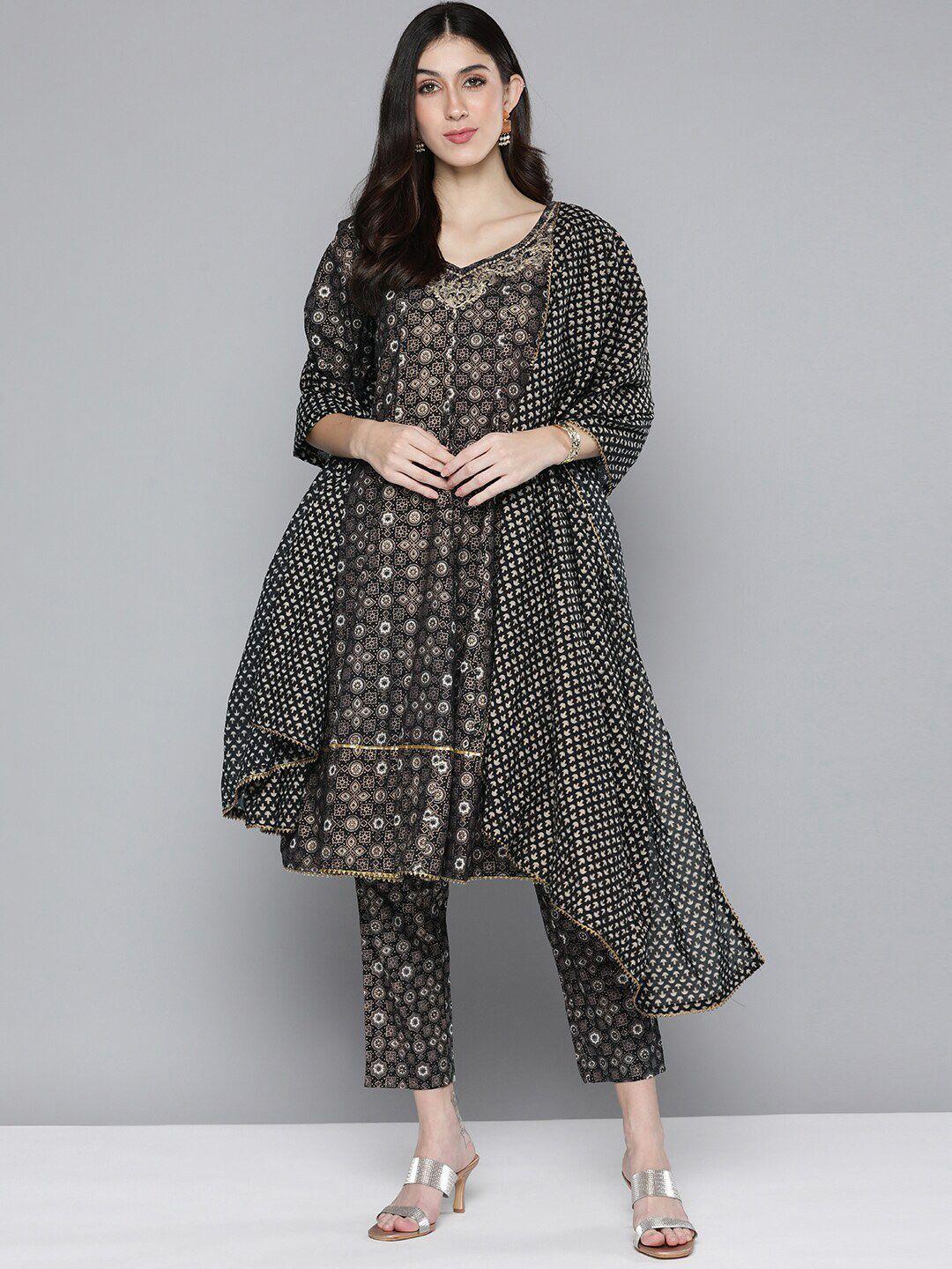 kalini ethnic motifs printed gotta patti pure cotton a line kurta with trousers & dupatta