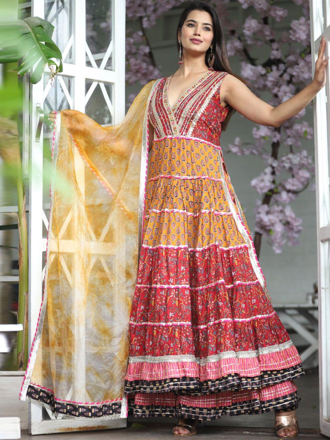 kalini ethnic motifs printed gotta patti pure cotton anarkali kurta with sharara & dupatta