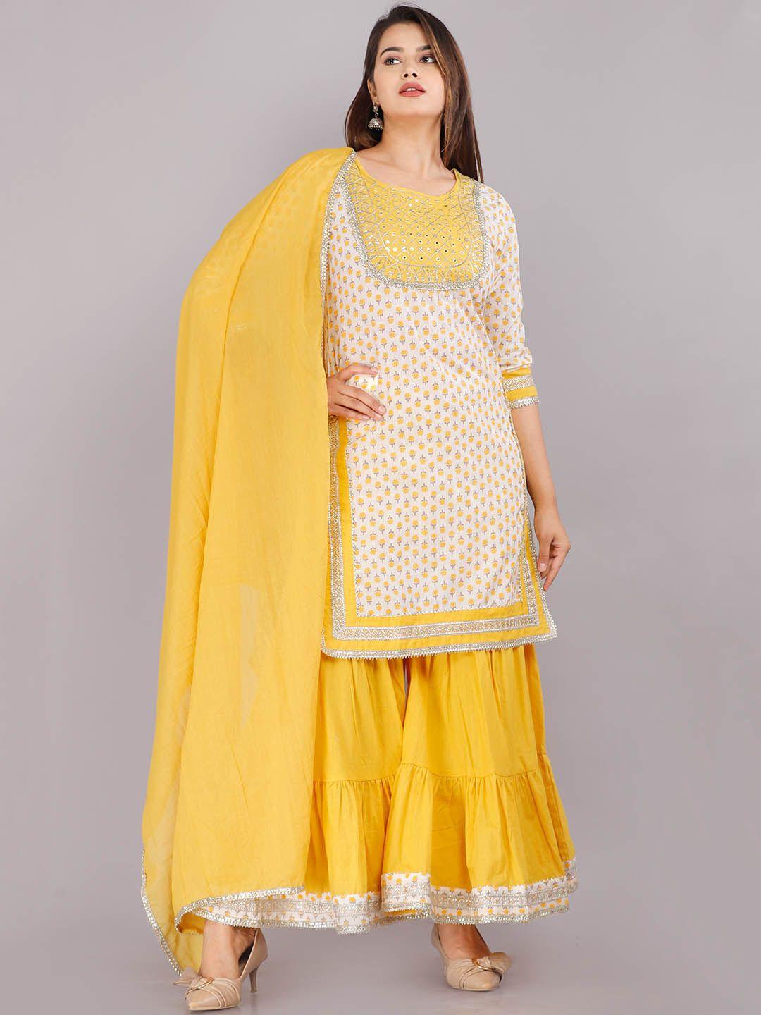 kalini ethnic motifs printed gotta patti pure cotton kurta & sharara with dupatta