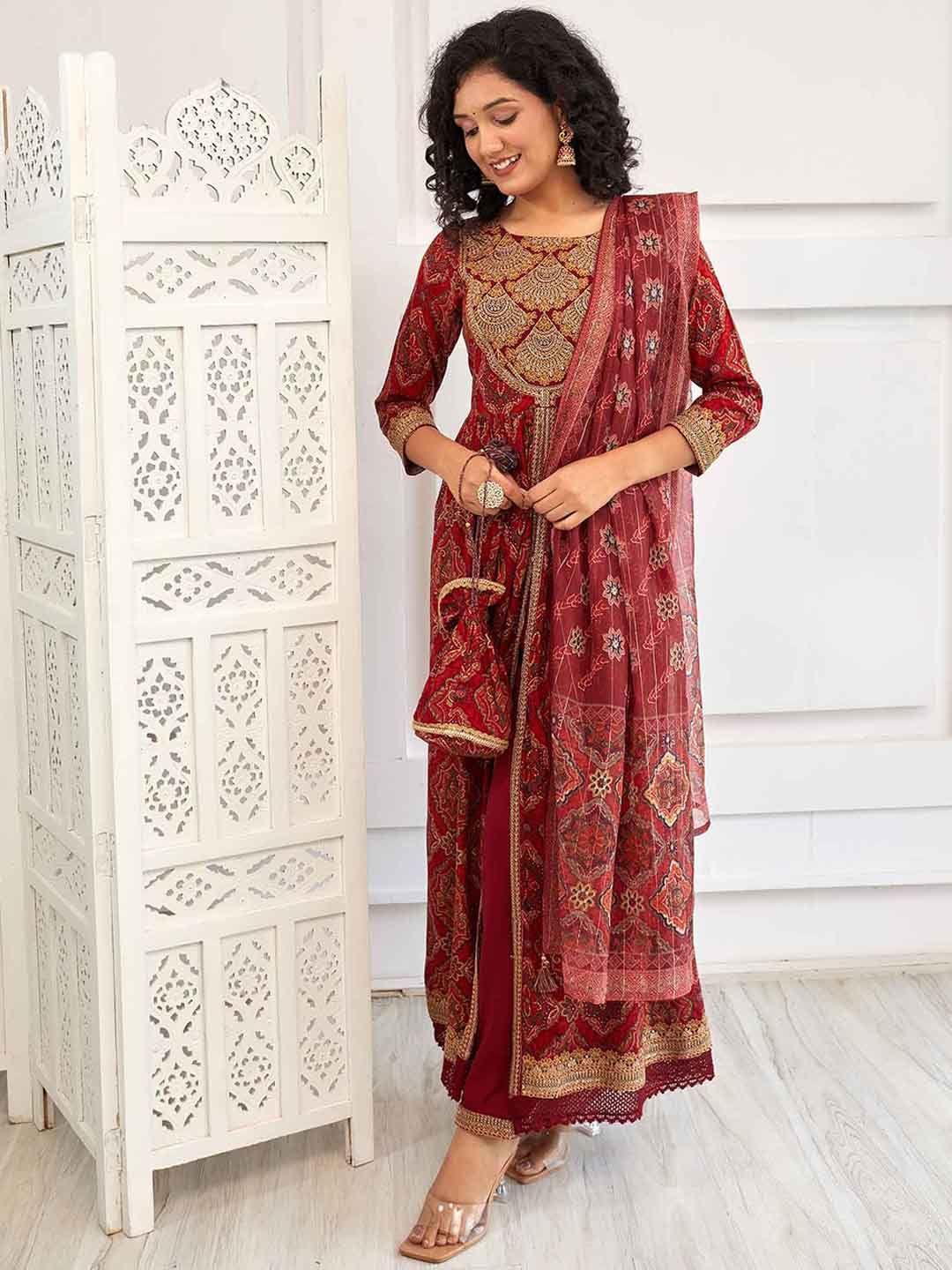 kalini ethnic motifs printed high slit thread work straight kurta & trouser with dupatta