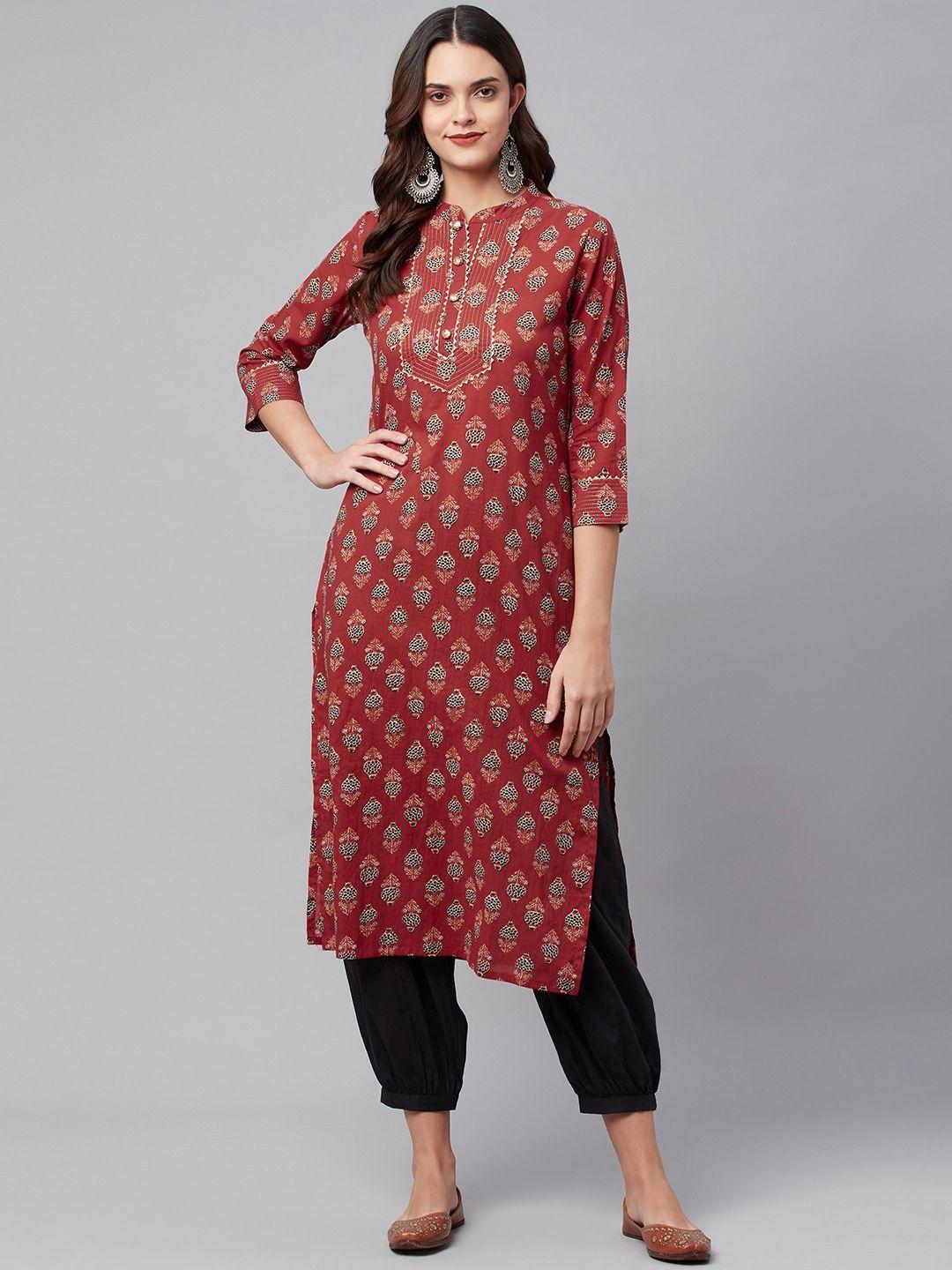 kalini ethnic motifs printed mandarin collar cotton straight kurta