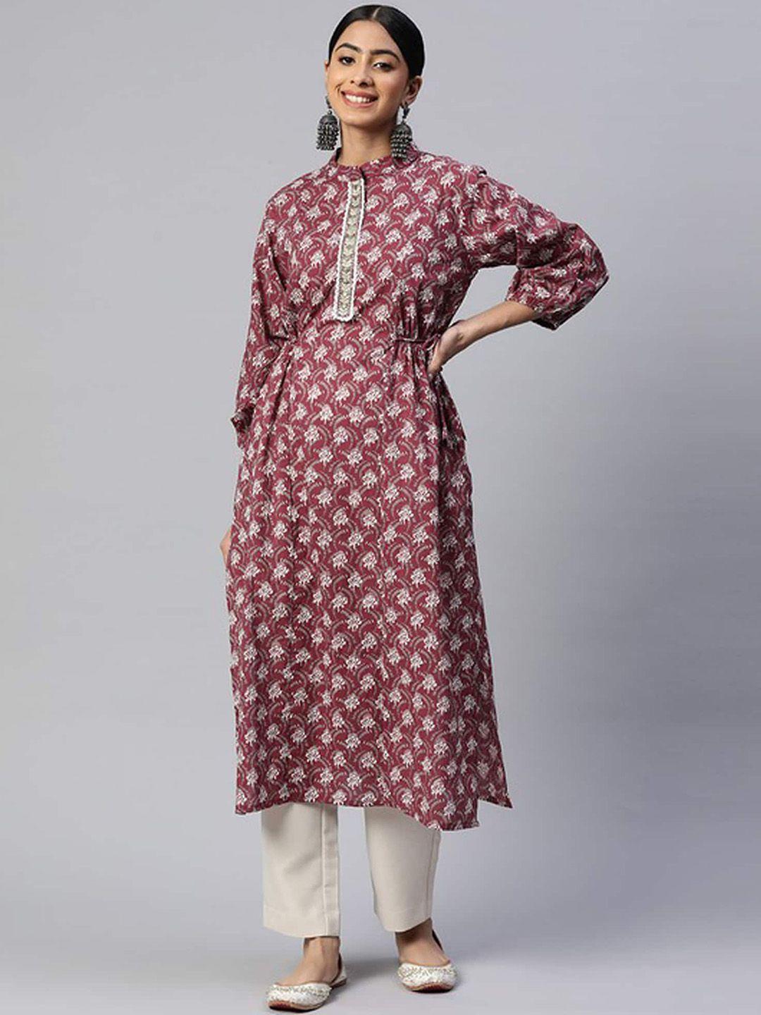 kalini ethnic motifs printed mandarin collar mirror work cotton straight kurta