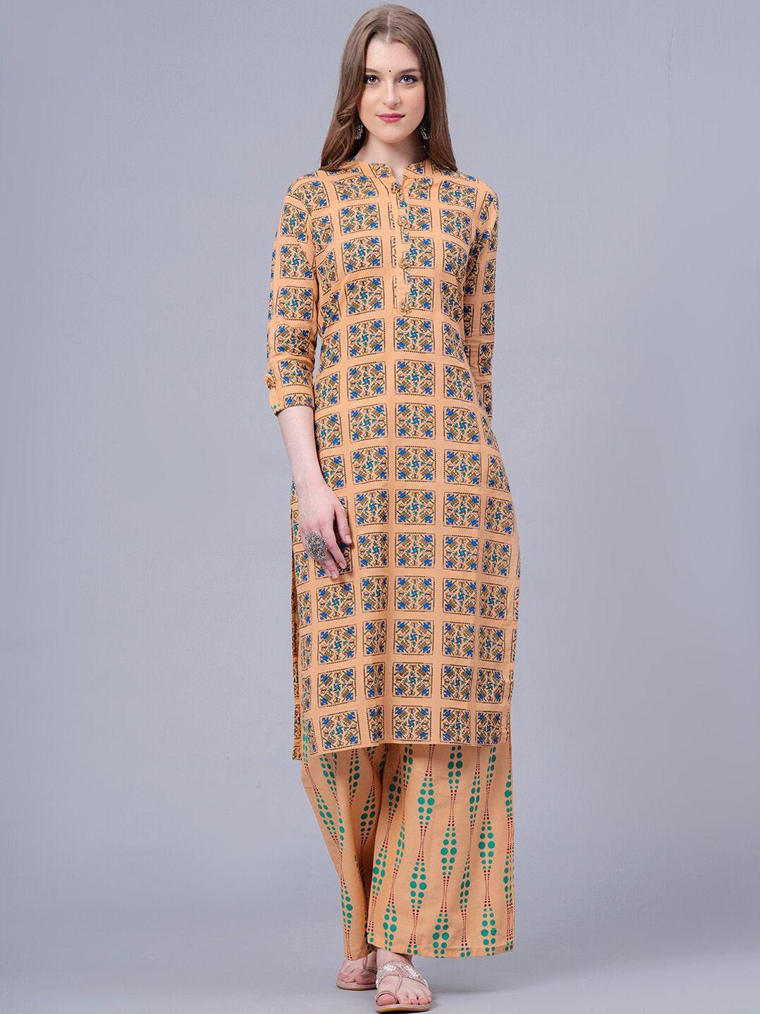 kalini ethnic motifs printed mandarin collar pure cotton straight kurta with palazzo