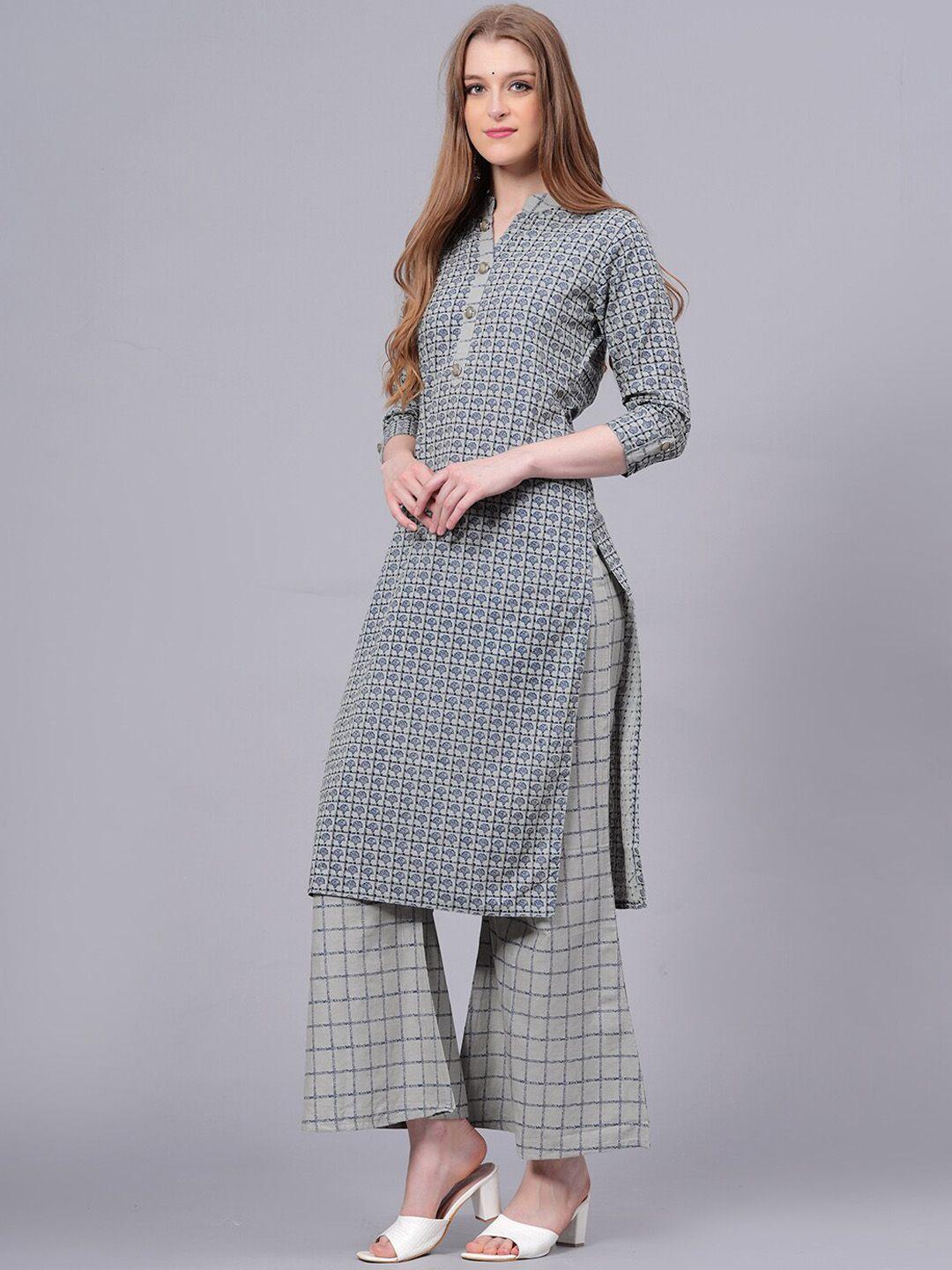 kalini ethnic motifs printed mandarin collar pure cotton straight kurta with palazzo