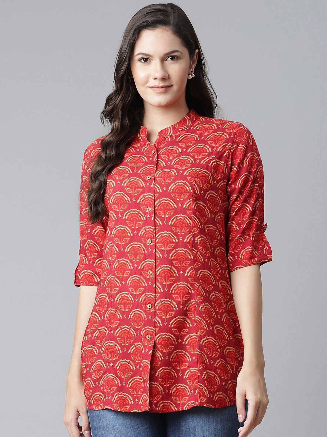 kalini ethnic motifs printed mandarin collar roll-up sleeves longline shirt style top