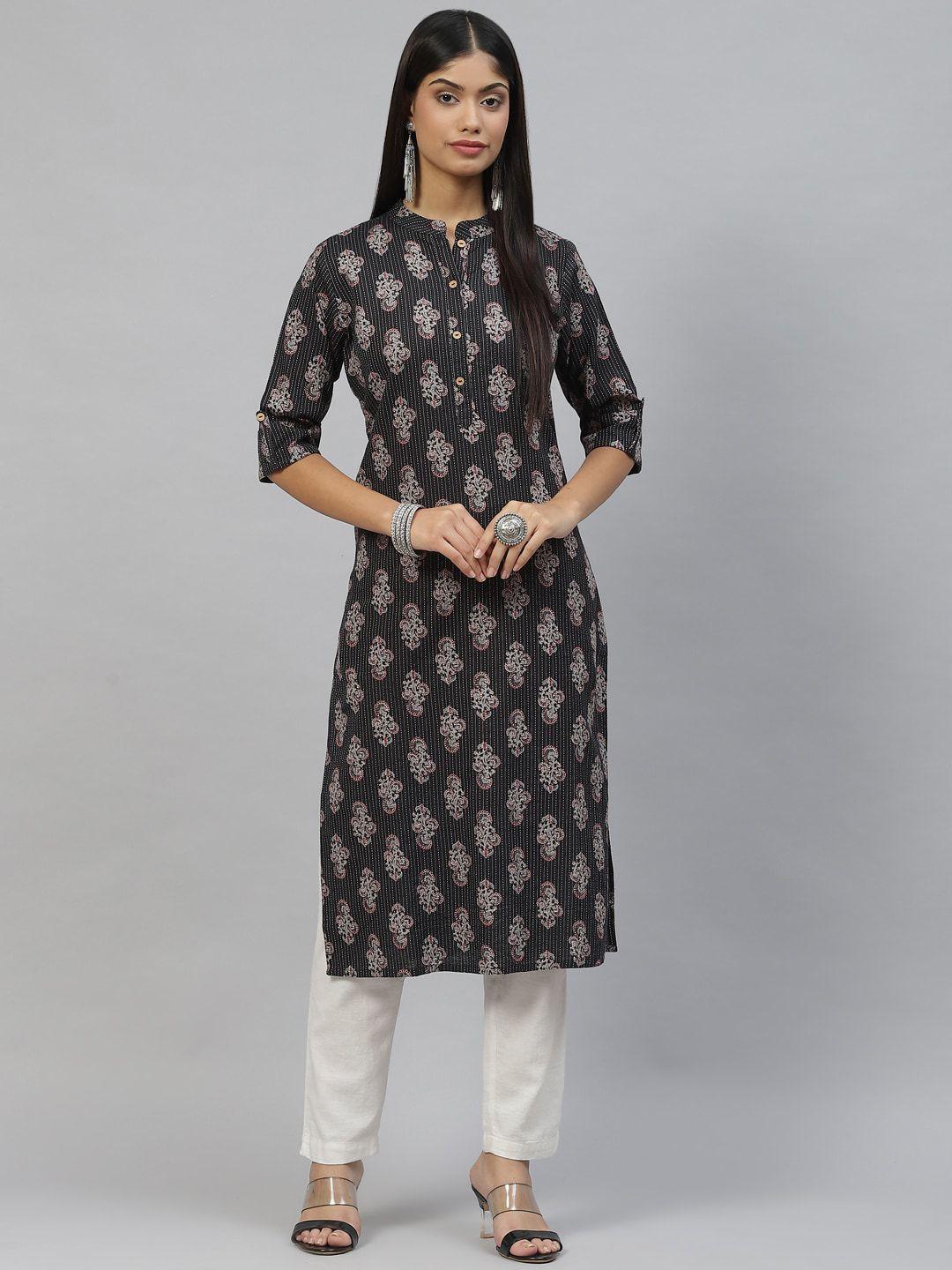 kalini ethnic motifs printed mandarin collar roll-up sleeves pure cotton kurta