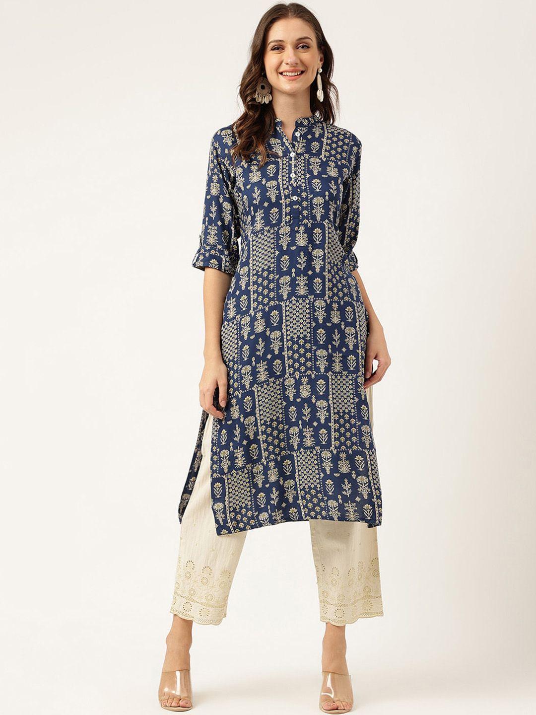 kalini ethnic motifs printed mandarin collar roll-up sleeves straight kurta