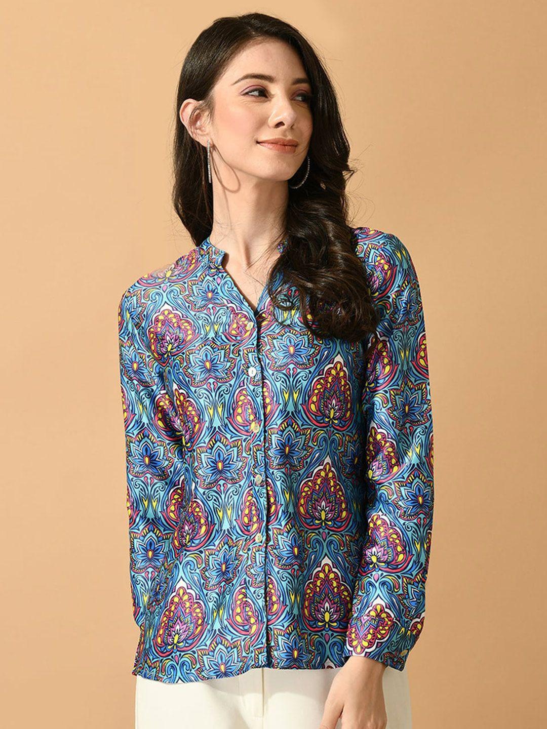 kalini ethnic motifs printed mandarin collar satin shirt style top