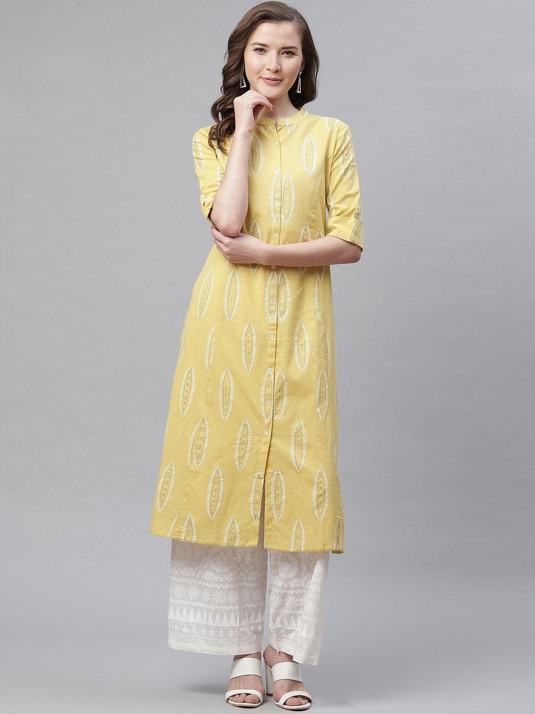 kalini ethnic motifs printed mandarin collar straight cotton kurta