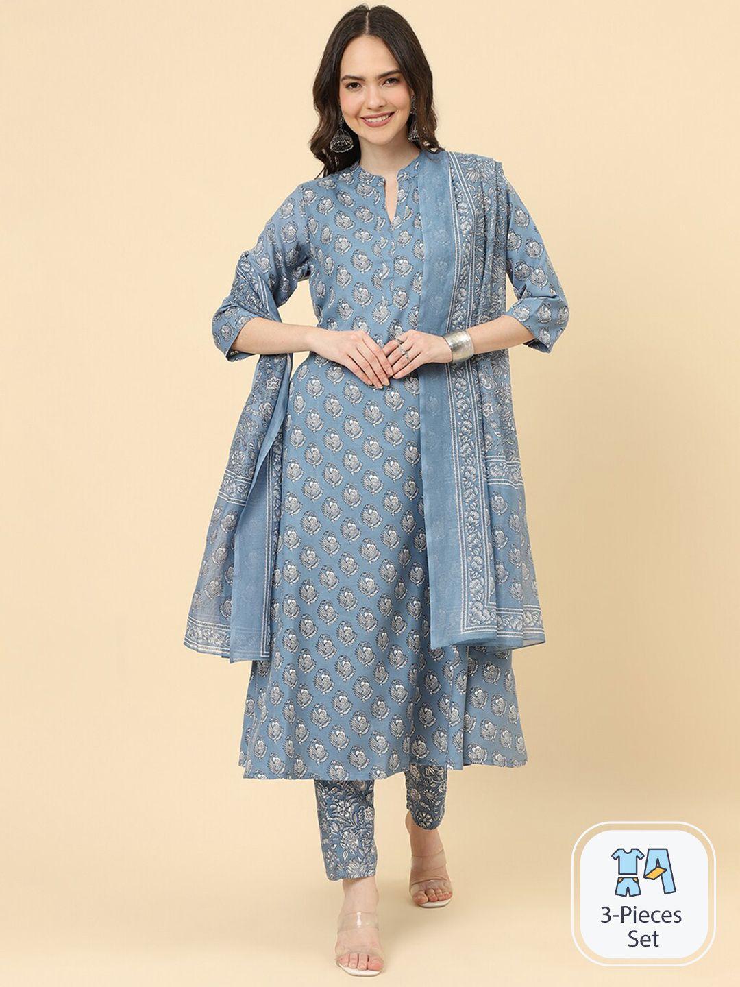 kalini ethnic motifs printed mandarin collar straight kurta with trousers & dupatta