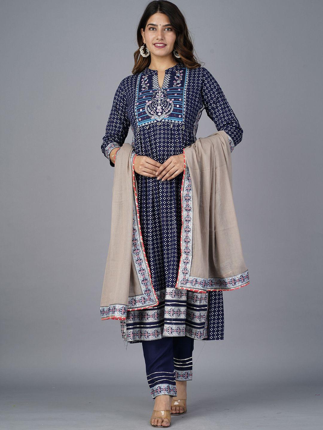 kalini ethnic motifs printed mirror work a-line kurta with trousers & dupatta