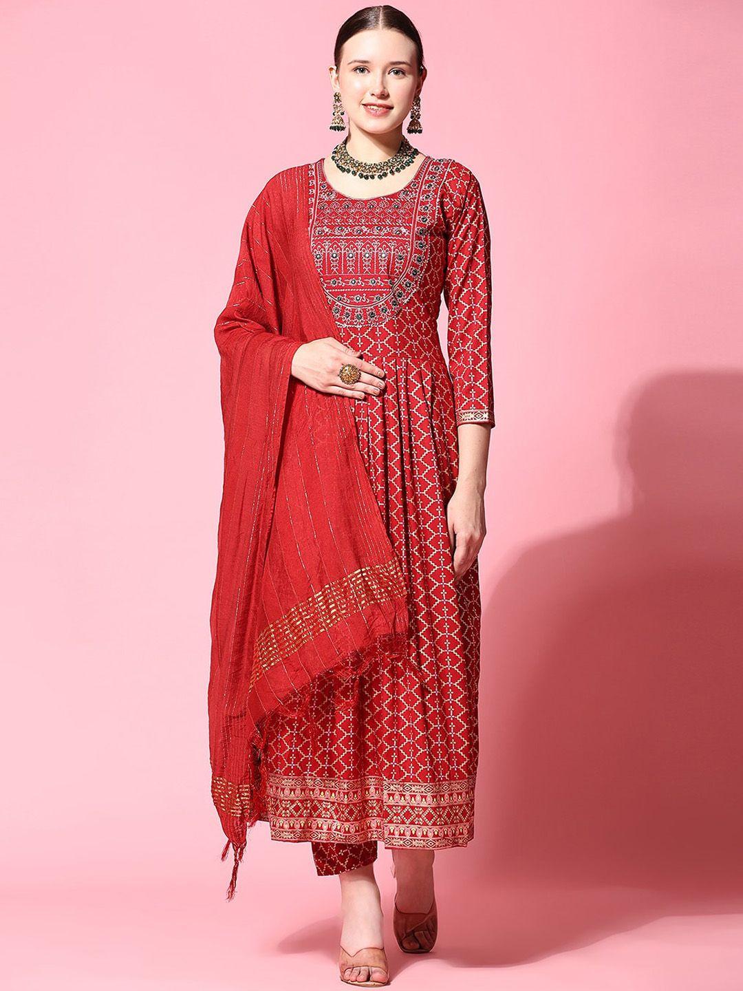 kalini ethnic motifs printed mirror work anarkali kurta with trousers & dupatta