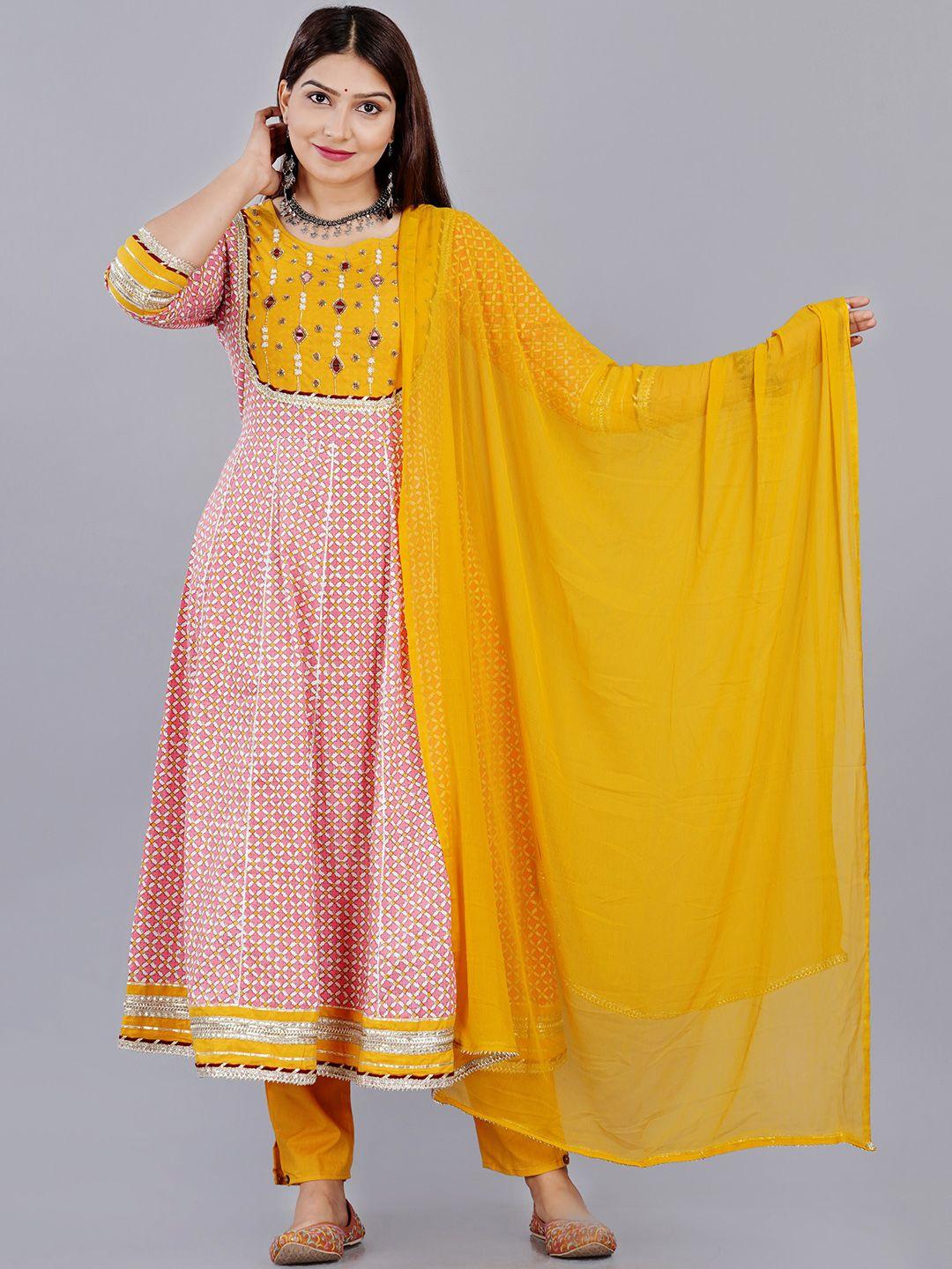 kalini ethnic motifs printed mirror work cotton anarkali kurta & trousers with dupatta