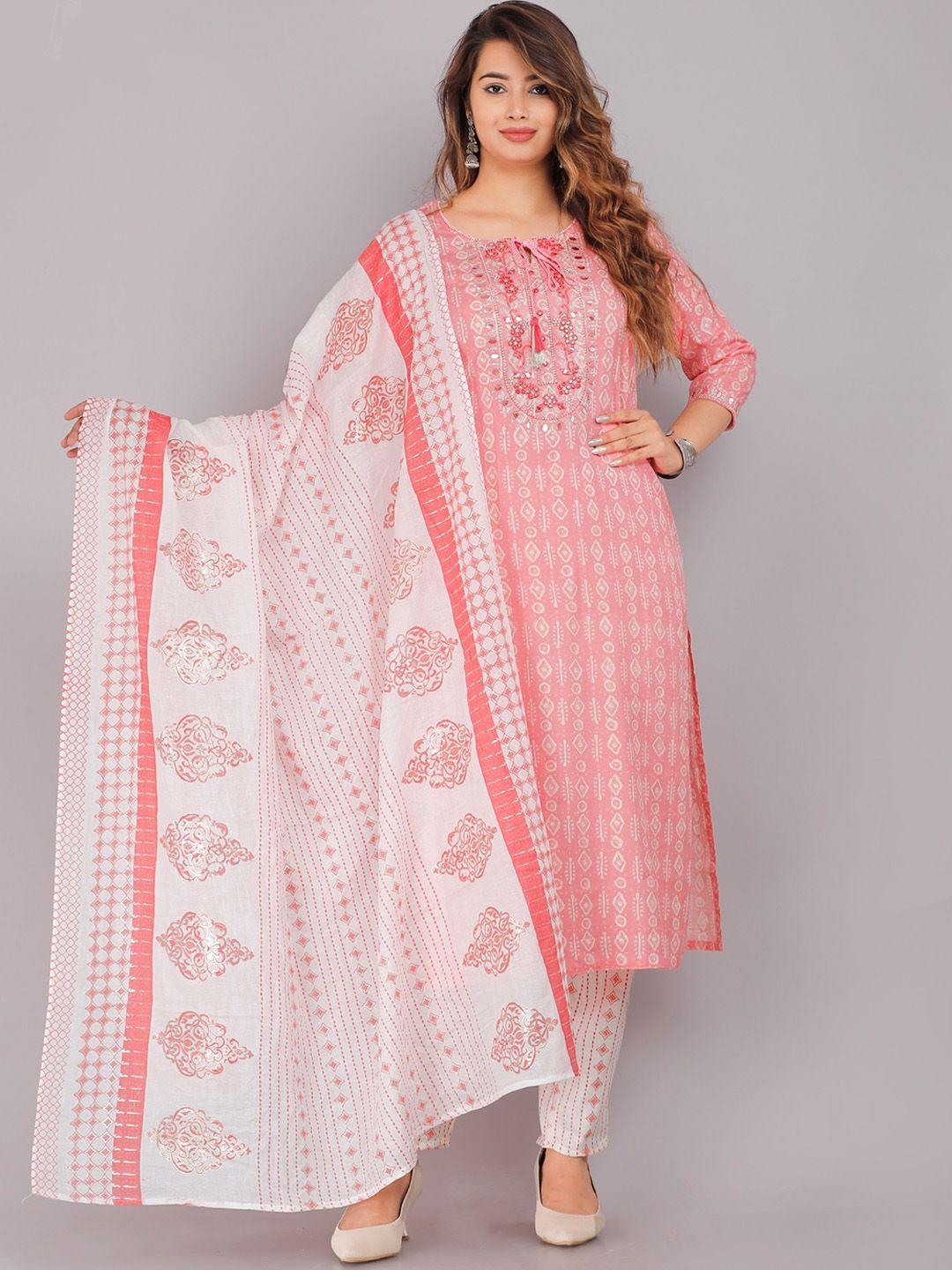 kalini ethnic motifs printed mirror work kurta with trousers & pure cotton dupatta