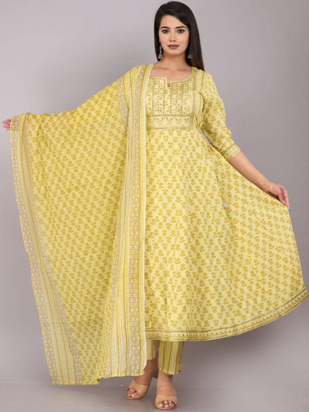 kalini ethnic motifs printed mirror work pure cotton kurta & trousers with dupatta