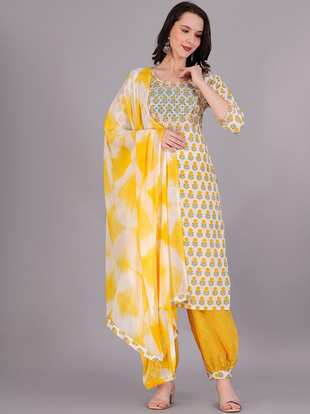 kalini ethnic motifs printed mirror work pure cotton kurta with trousers & with dupatta