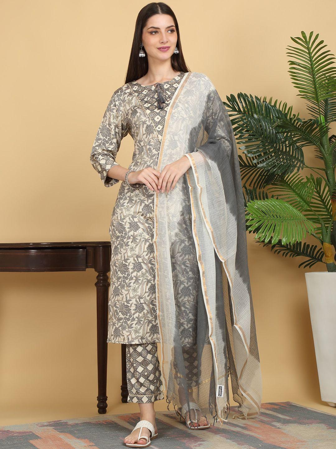 kalini ethnic motifs printed neck mirror work pure cotton kurta with trousers &  dupatta