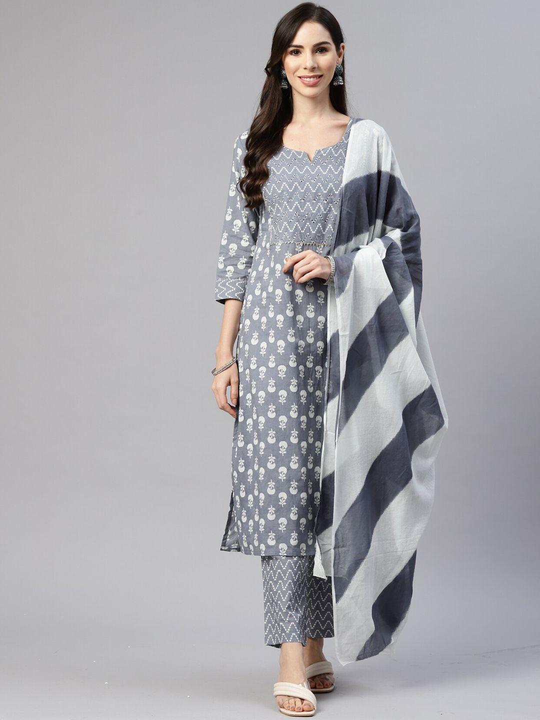 kalini ethnic motifs printed notch neck pure cotton kurta with trousers & dupatta
