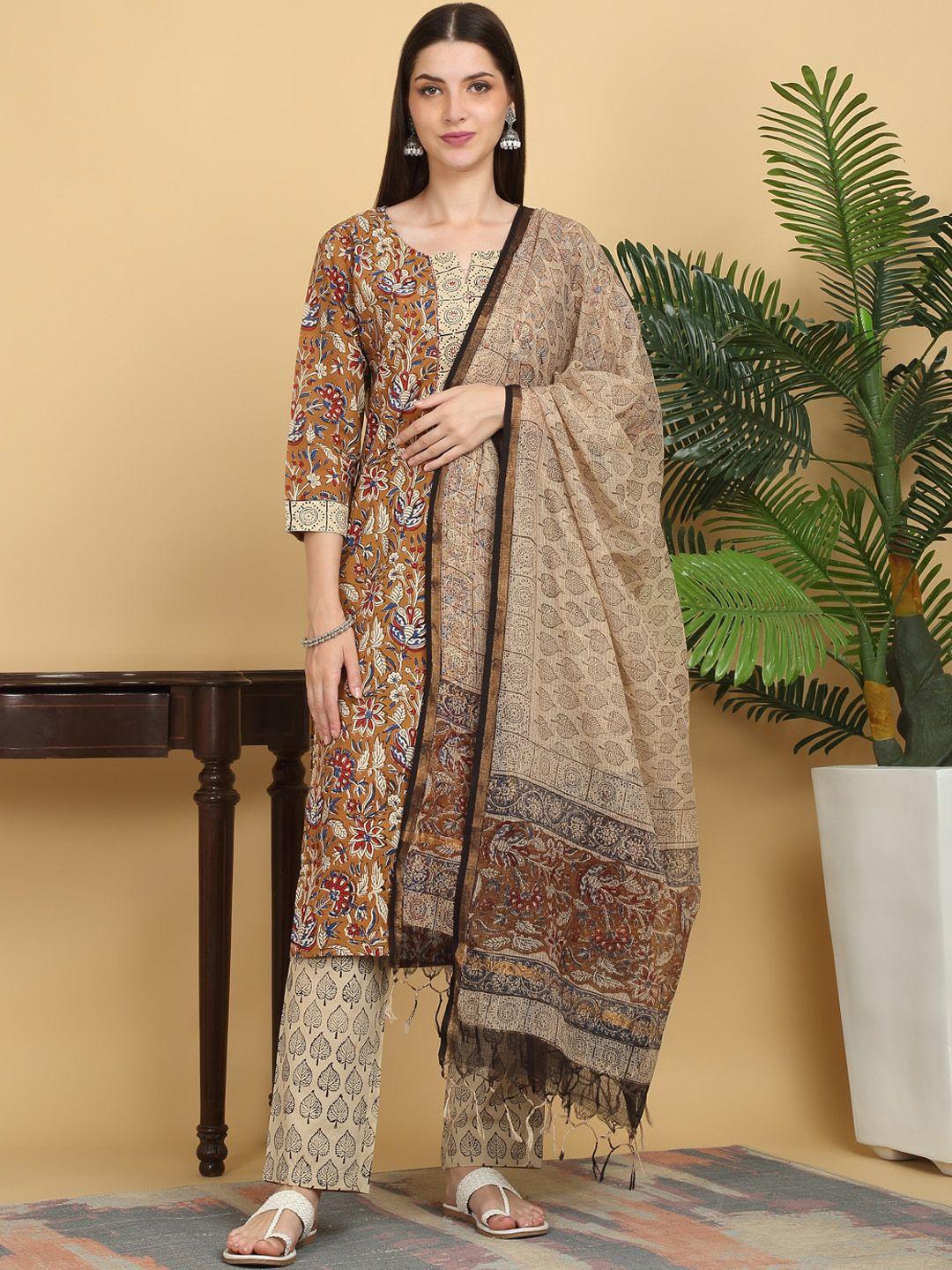 kalini ethnic motifs printed notched neck pure cotton kurta with trousers & dupatta