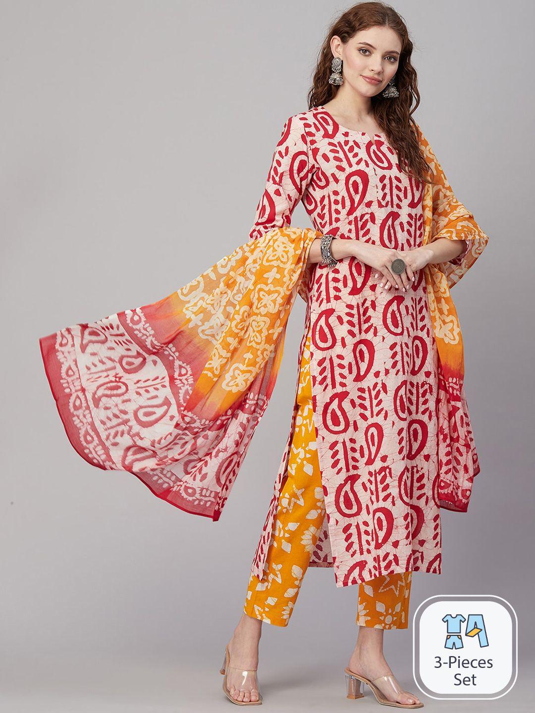 kalini ethnic motifs printed notched neck straight kurta with trousers & dupatta