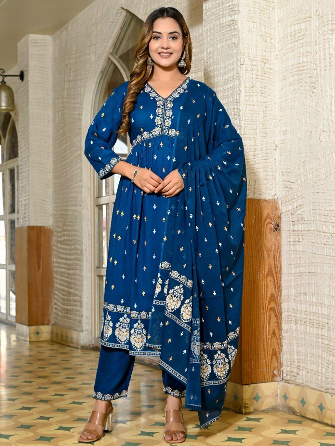 kalini ethnic motifs printed pleated a-line kurta & trouser with dupatta