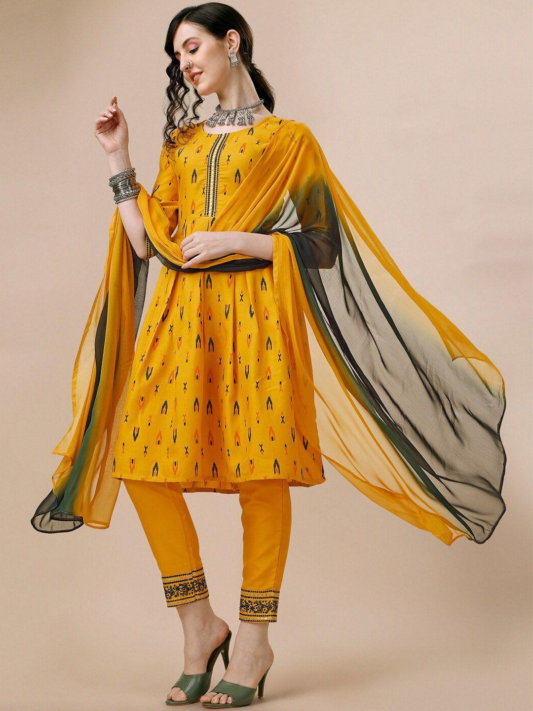 kalini ethnic motifs printed pleated a-line kurta & trousers with dupatta