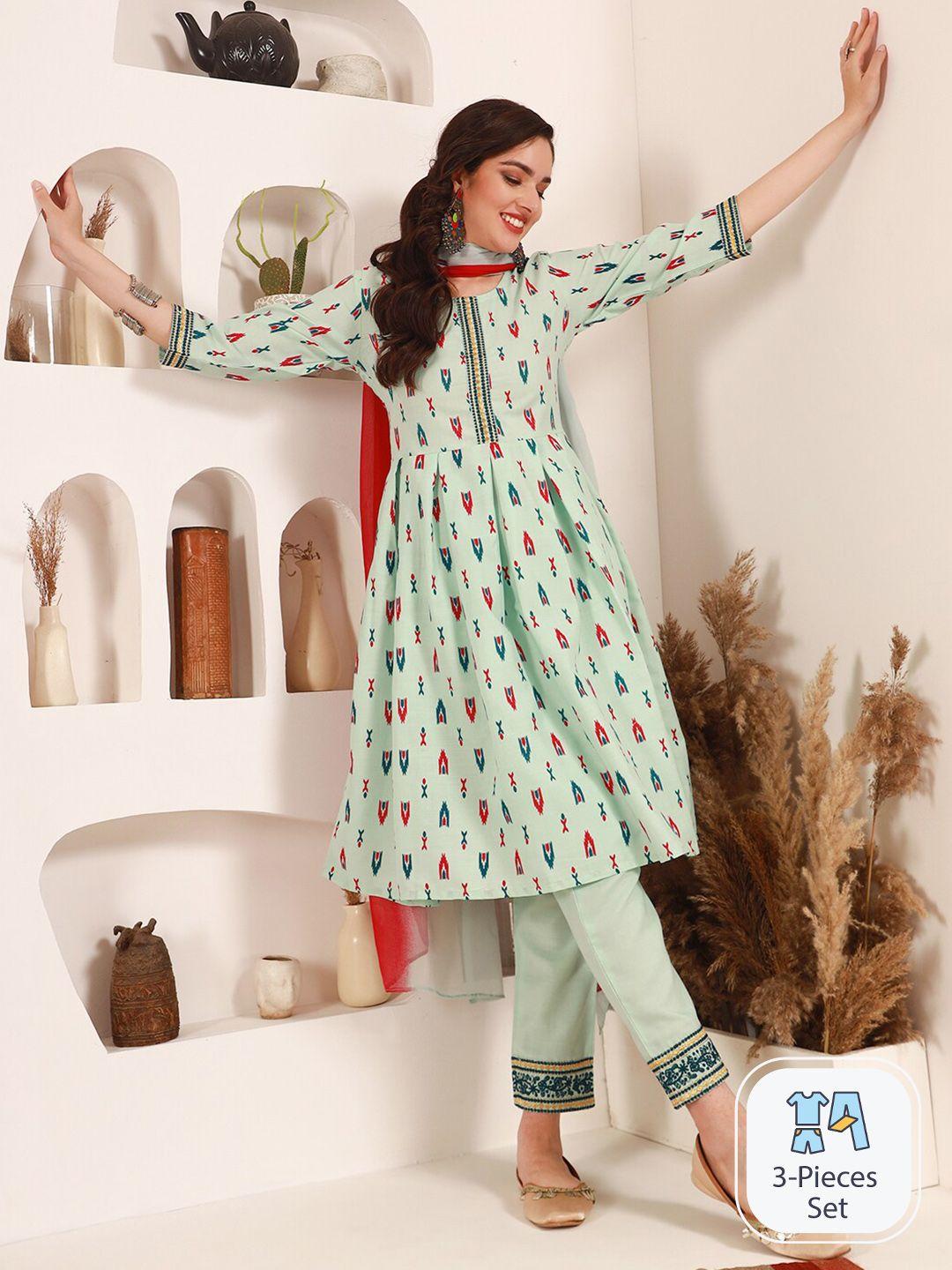 kalini ethnic motifs printed pleated a-line kurta & trousers with dupatta