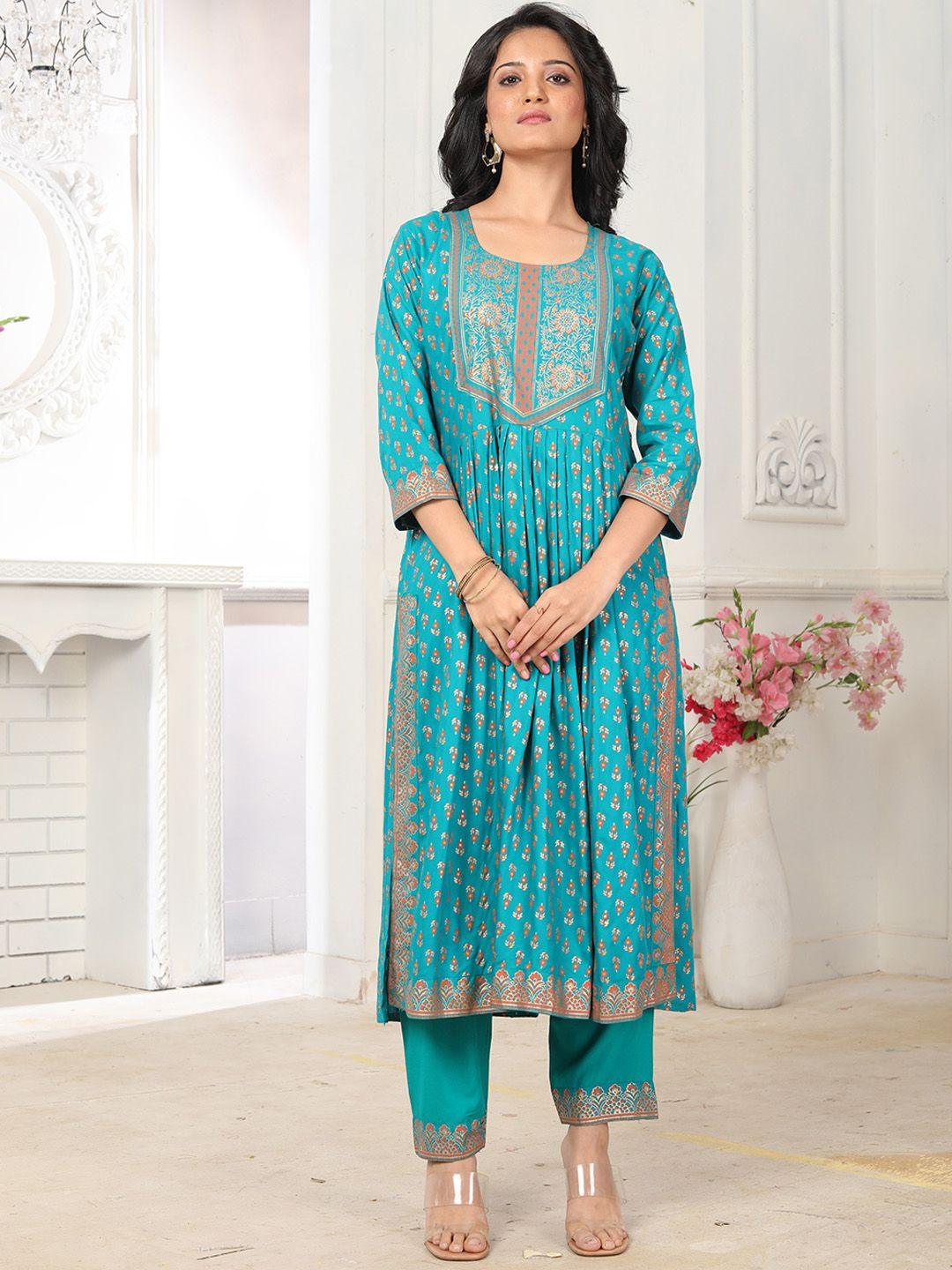 kalini ethnic motifs printed pleated a-line kurta with trousers & dupatta