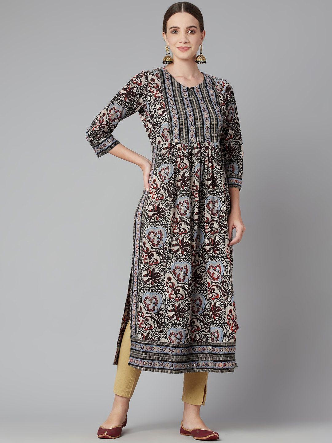 kalini ethnic motifs printed pleated cotton kurta