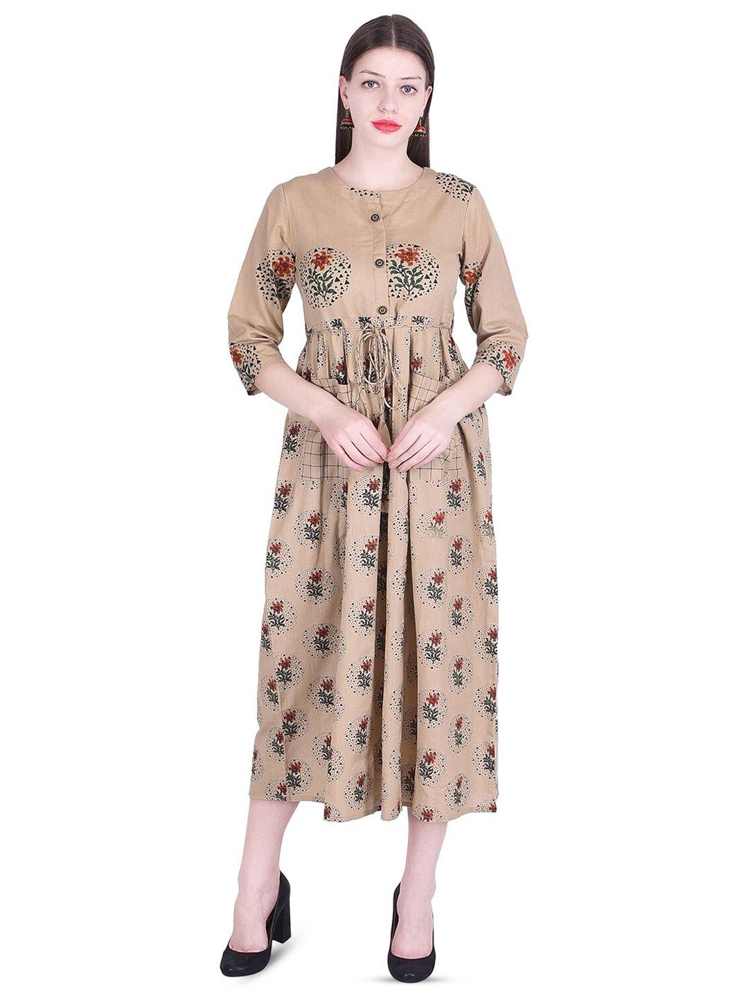 kalini ethnic motifs printed pleated detailed cotton fit & flare midi ethnic dress