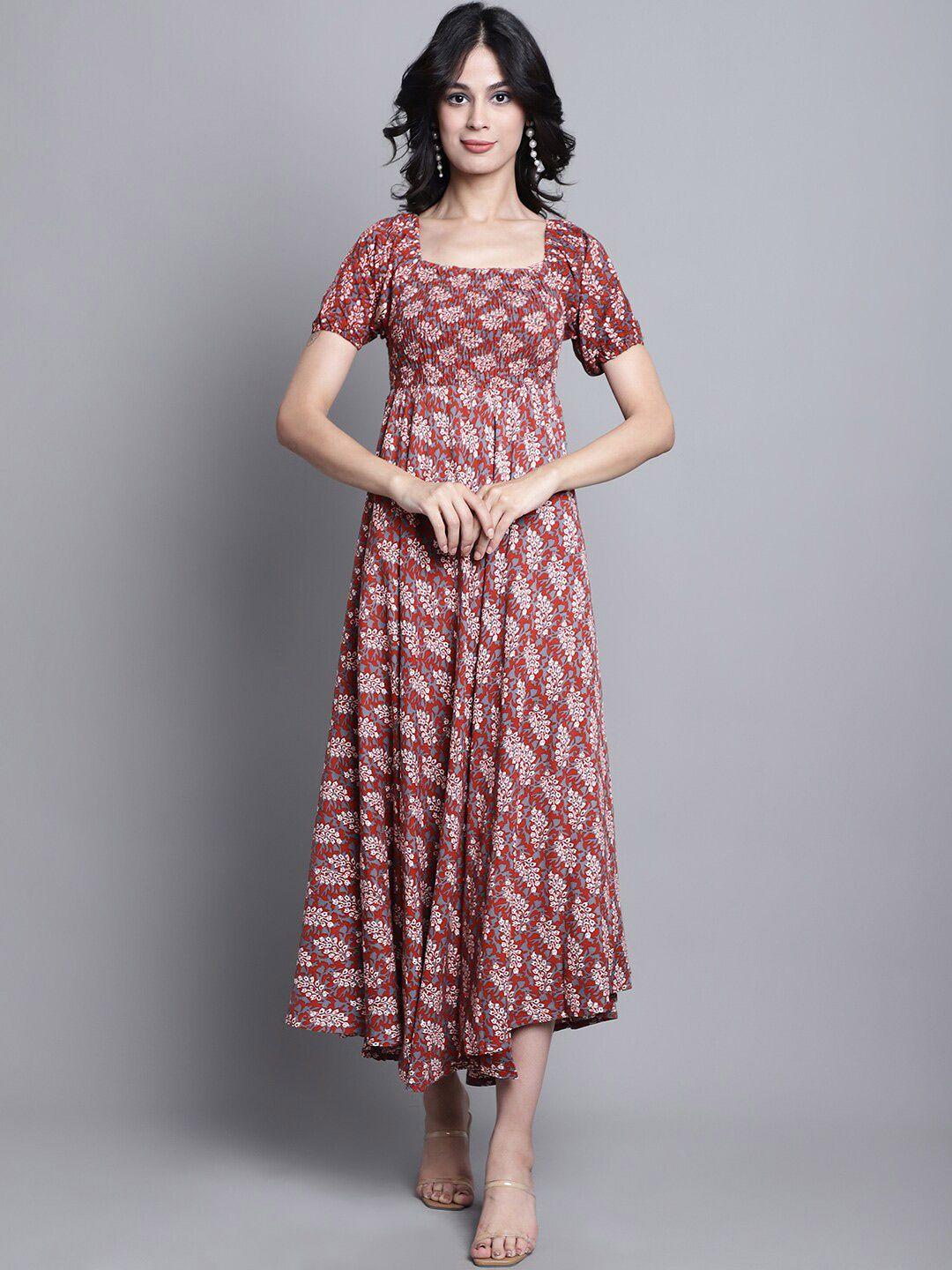 kalini ethnic motifs printed puff sleeves smocked fit & flare midi dress