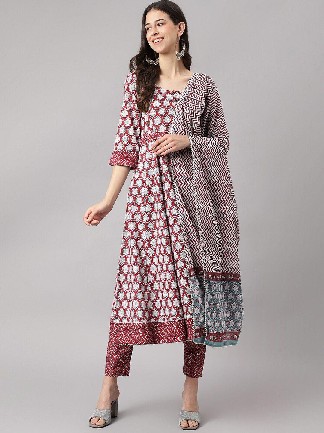 kalini ethnic motifs printed pure cotton anarkali kurta & trousers with dupatta