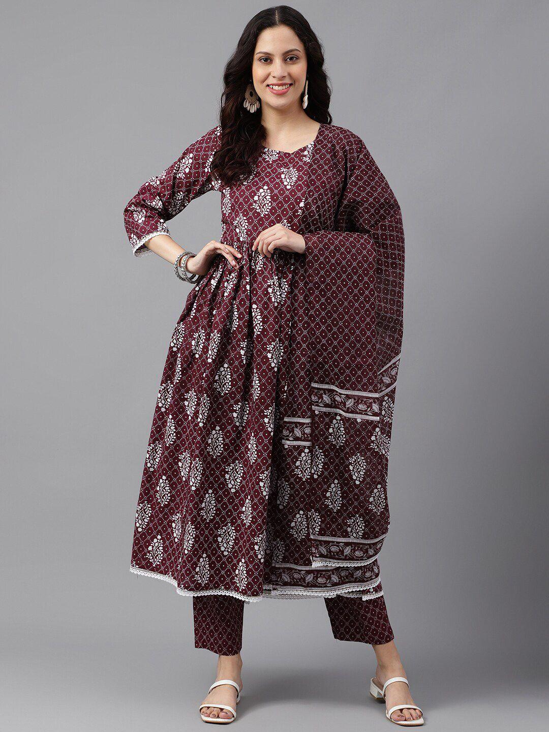kalini ethnic motifs printed pure cotton anarkali kurta with trousers & dupatta