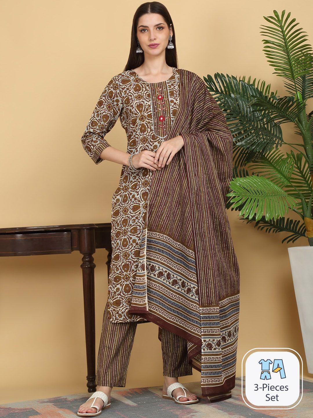 kalini ethnic motifs printed pure cotton straight kurta & trousers with dupatta