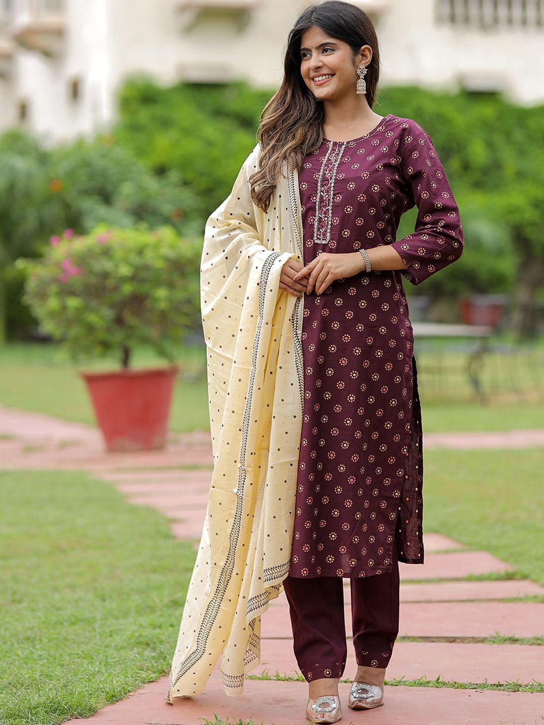 kalini ethnic motifs printed pure cotton straight kurta & trousers with dupatta