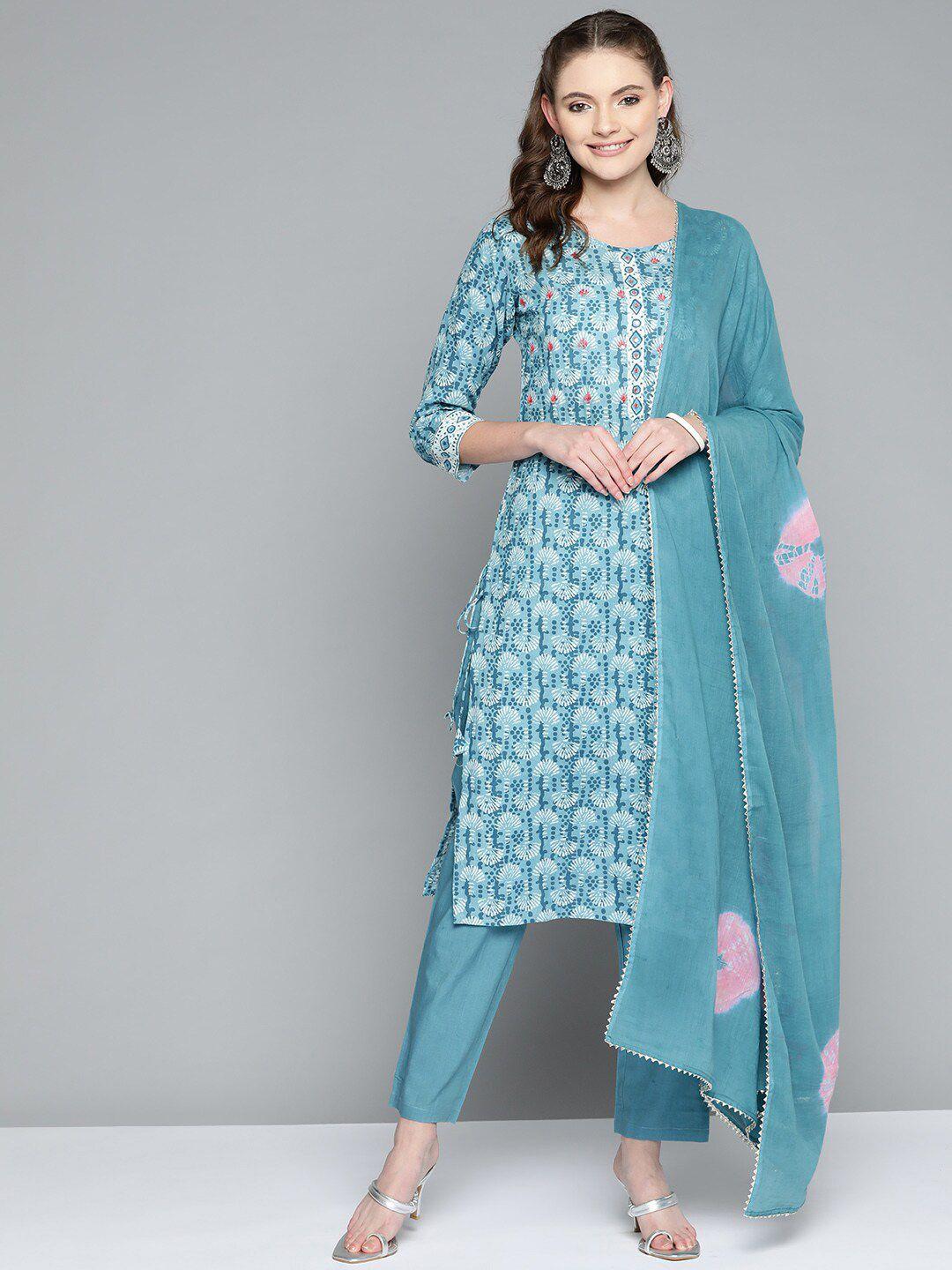 kalini ethnic motifs printed pure cotton straight kurta with trousers & dupatta
