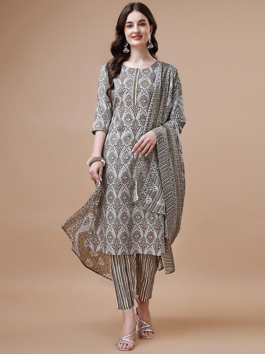 kalini ethnic motifs printed pure cotton straight kurta with trousers & dupatta