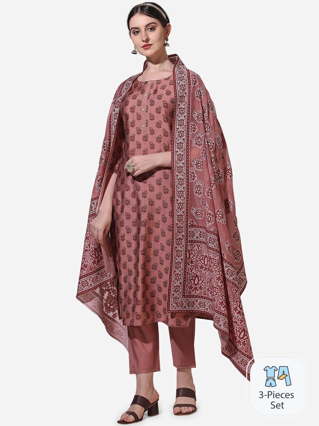 kalini ethnic motifs printed regular chanderi cotton kurta & trousers with dupatta