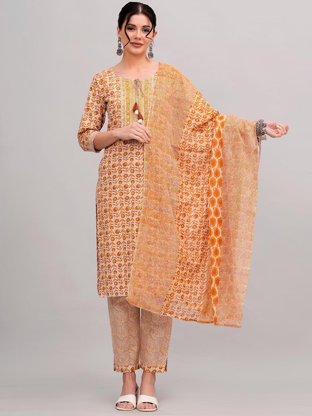 kalini ethnic motifs printed regular cotton kurta with trousers & dupatta