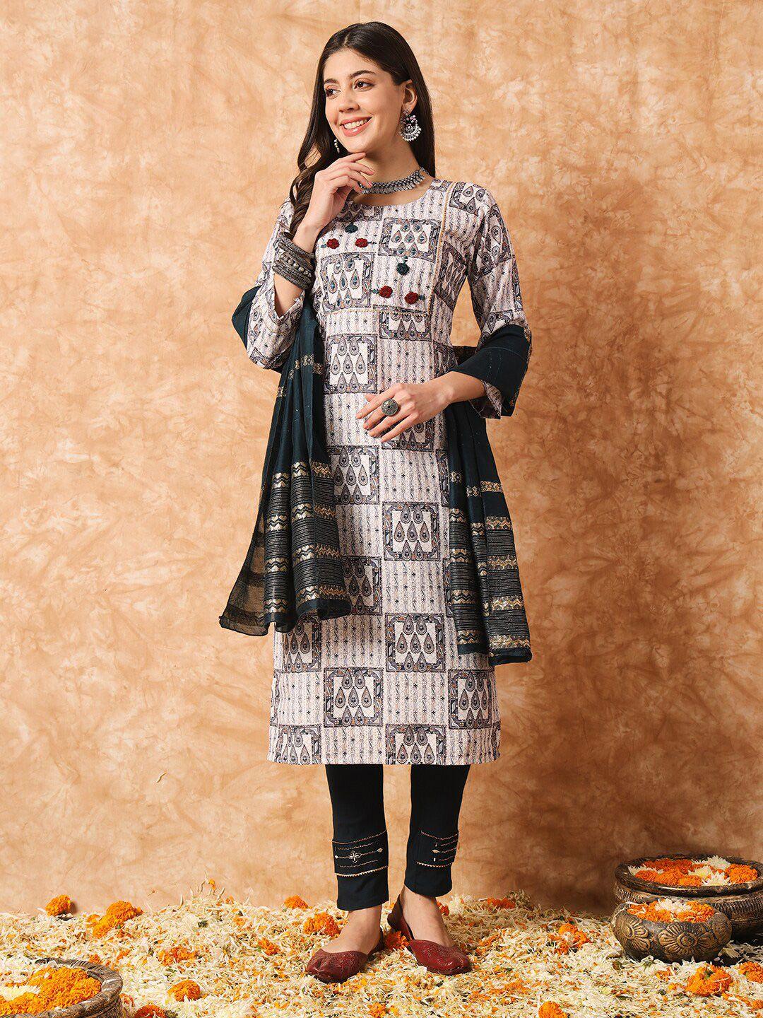 kalini ethnic motifs printed regular kurta with trousers & with dupatta