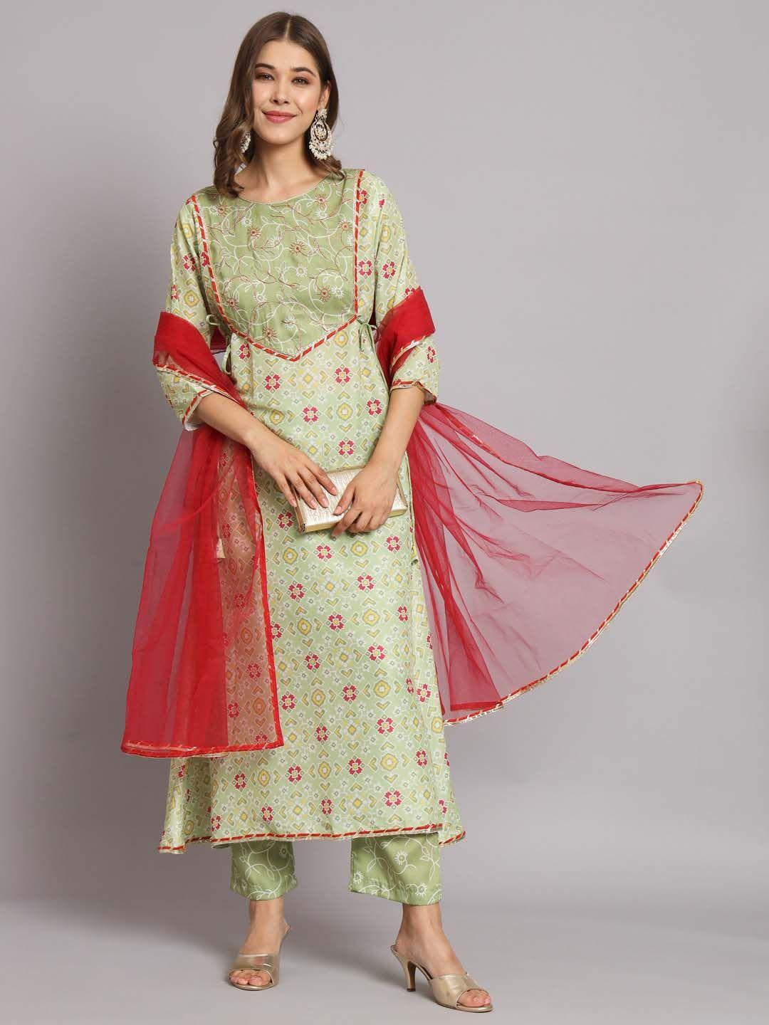 kalini ethnic motifs printed regular thread work anarkali kurta & trousers with dupatta