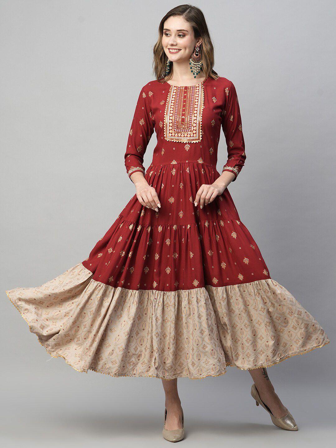 kalini ethnic motifs printed round neck embroidered tiered fit & flare midi ethnic dress
