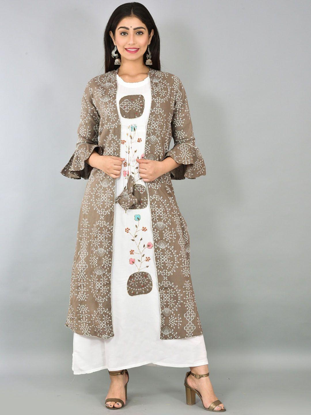 kalini ethnic motifs printed round neck patch work a-line maxi ethnic dress & shrug