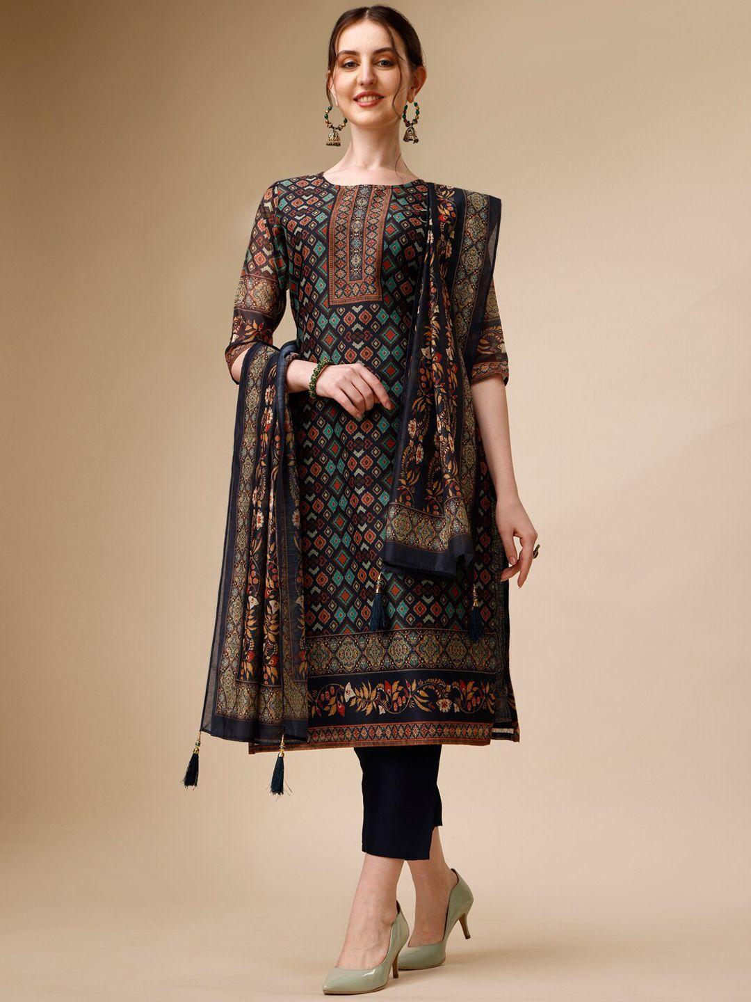 kalini ethnic motifs printed round neck regular kurta with trousers &  dupatta