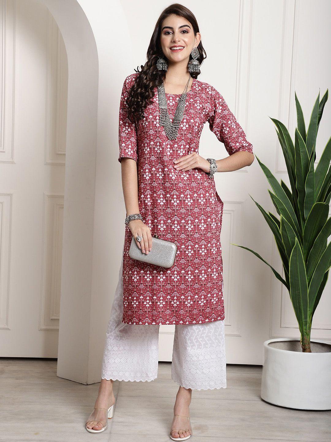 kalini ethnic motifs printed round neck straight crepe kurta