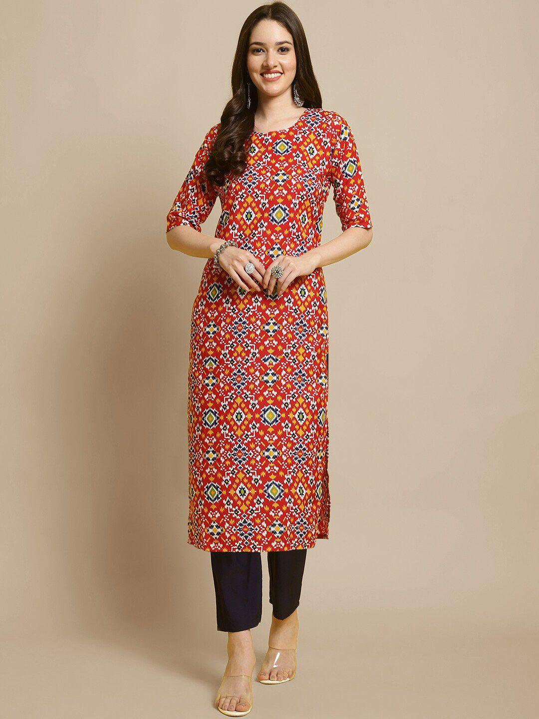 kalini ethnic motifs printed round neck straight kurta with trousers