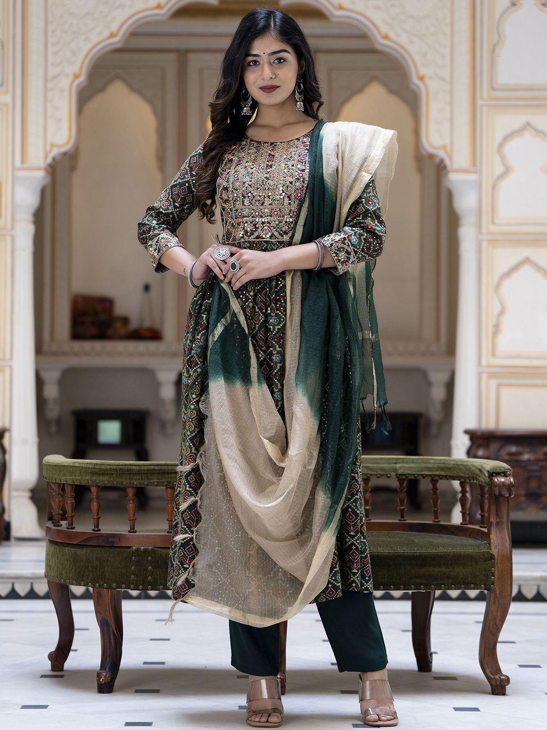 kalini ethnic motifs printed sequined a-line pleated kurta with trousers & dupatta